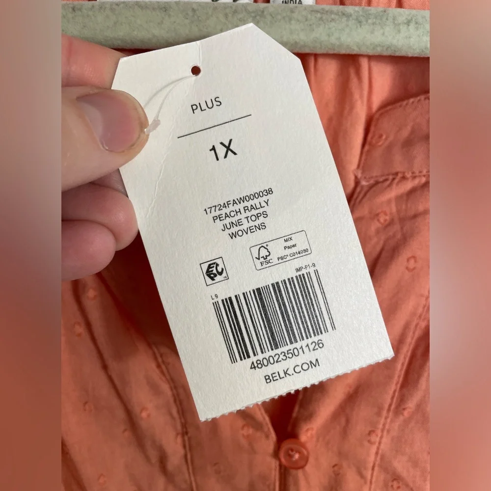 NWT Wonderly Rally June Button-Down 100% Cotton Short Sleeve Top in Peach Sz 1x